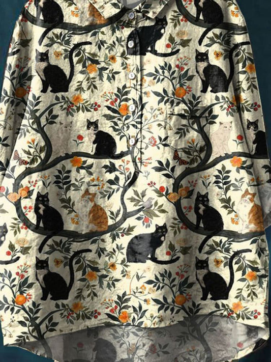 Vintage Lovely Cats Floral Art Print Casual Cotton And Linen Shirt