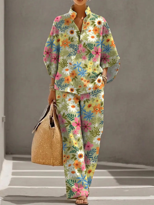 Women's Floral Art Print Casual 3/4 Sleeve Top And Pants Cotton Linen Suits