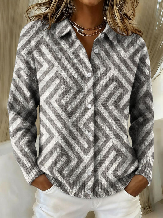 Geometric Line Decorative Pattern Casual Shirt Collar Long Sleeve Sweater