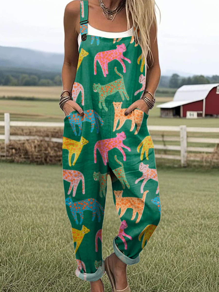 Women's Abstract Art Colourful Leopard Print Casual  Wide Leg Jumpsuit