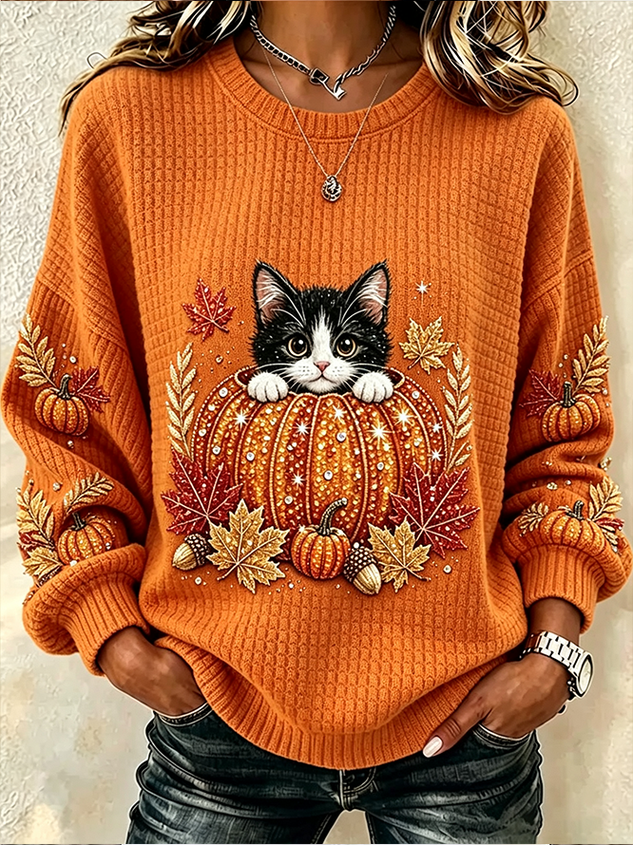 Casual Cat Crew Neck Long Sleeve Sweatshirt