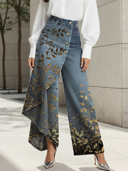 Women's Artistic Golden Leaf Print High-waisted Relaxed Fit Wide-leg Jeans With A Stylish Design.