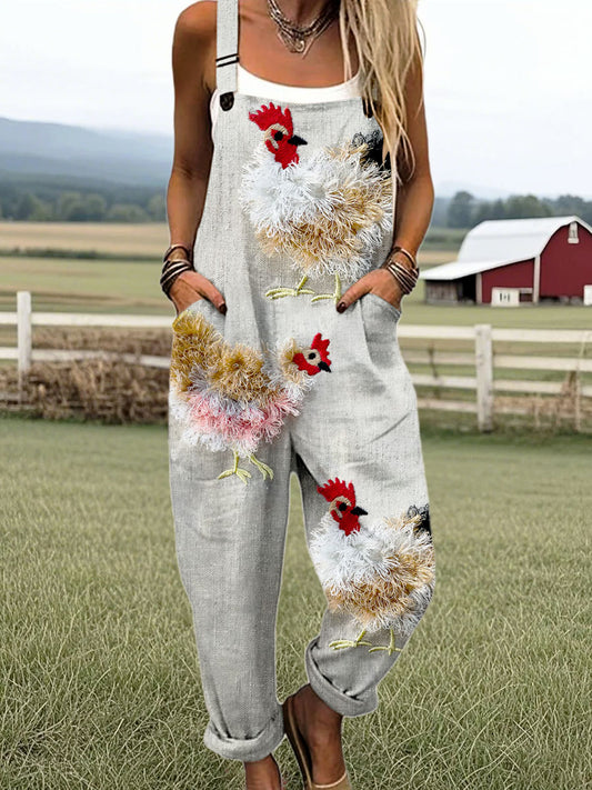 Women's Vintage Cute Farm Chicken Art Print Casual Cotton Wide Leg Jumpsuit
