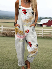 Women's Vintage Cute Farm Chicken Art Print Casual Cotton Wide Leg Jumpsuit