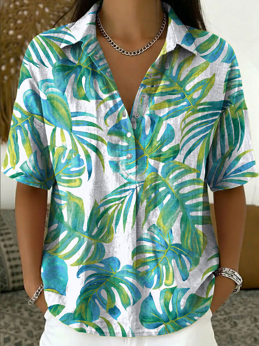 Women's Vintage Botanical Floral Casual Polo Collar Short-sleeved Linen And Cotton Shirt