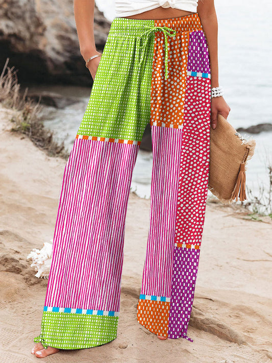 Women's Vintage Abstract Geometric Color Block Line Art Print Cotton And Linen Casual Pants