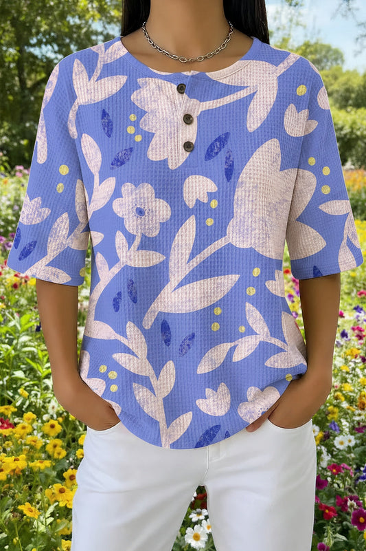 Womens Purple Minimal Leaf Print Casual Waffle Cotton Shirt