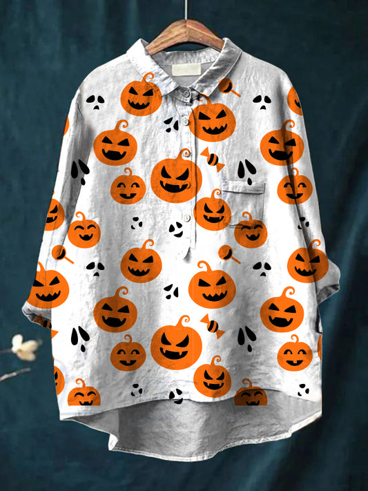 Women's Halloween Printed Casual Cotton And Linen Shirt