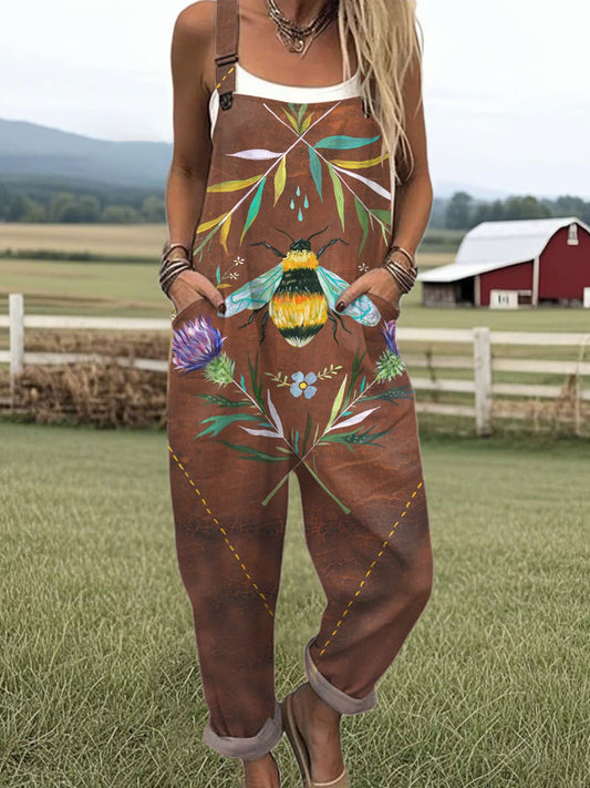 Women's  Funny Bee Art Print Casual Cotton Wide Leg Jumpsuit