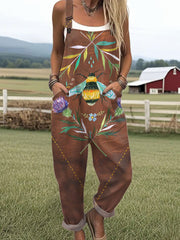 Women's  Funny Bee Art Print Casual Cotton Wide Leg Jumpsuit
