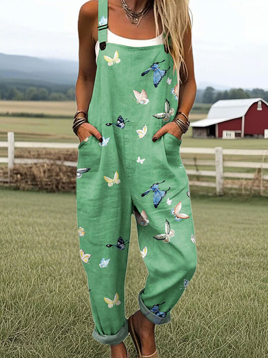 Women's Vintage Butterfly Art Print Casual Wide Leg Jumpsuit