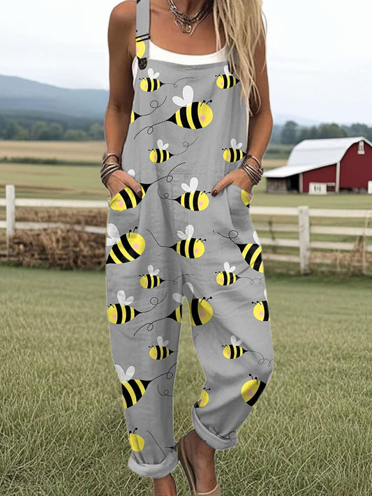 Women's  Bee Art Print Casual Cotton Wide Leg Jumpsuit