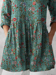 Women's Retro Floral Art Print Casual Cotton And Linen V-neck Top