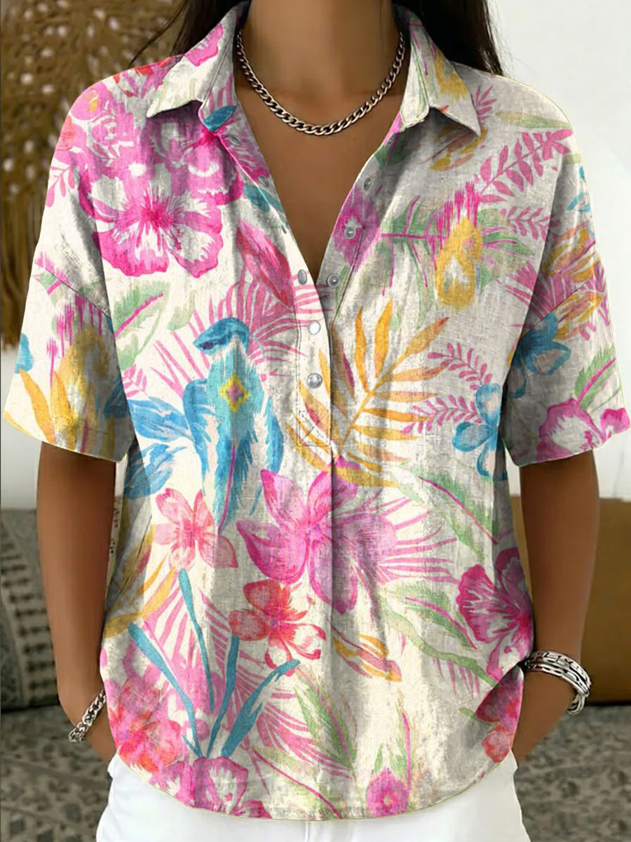 Women's Vintage Botanical Floral Casual Polo Collar Short-sleeved Linen And Cotton Shirt