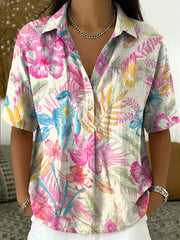 Women's Vintage Botanical Floral Casual Polo Collar Short-sleeved Linen And Cotton Shirt