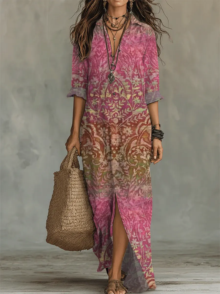 Women's Retro Floral Art Print Casual Long Sleeve Cotton Dress