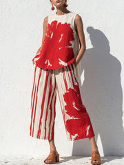 Casual Artistic Print Cotton-linen Two-piece Set: Top & Cropped Pants