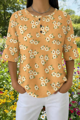 Womens Mustard Yellow Floral Print Casual Henley Shirt
