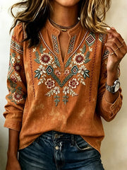 Women Geometric Casual Blouse V Neck Long Sleeve Printing Top