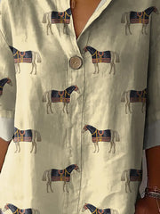 Horse Repeat Pattern Printed Women's Casual Cotton Linen Shirt