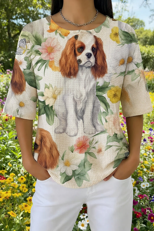 Womens Cream Dog Garden Print Casual Waffle Cotton Shirt