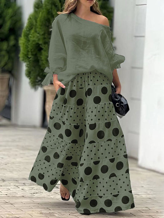 Women's Women Solid Color Round Neck Long Sleeves Casual Loose Tops High Waist Polka Dot Print Casual Loose Wide Leg Pants