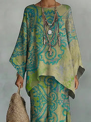 Women's Vintage Floral Art Comfortable Loose Cotton Linen Wide-leg Pants Two-piece Set