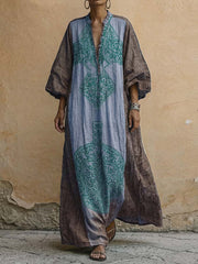 Women's Vintage-print V-neck 3/4-sleeve Casual Loose Cotton-linen Dress