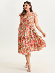 Floral Print Sweetheart Neckline Midi Dress