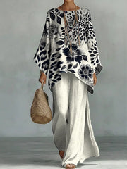 Women's Vintage Floral Art Comfortable Loose Cotton Linen Wide-leg Pants Two-piece Set