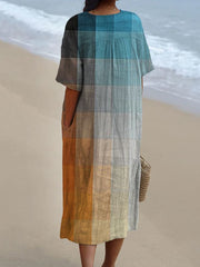 Women's V Neck Vintage Orange Blue Art Mosaic Gradient Art Linen Loose Dress