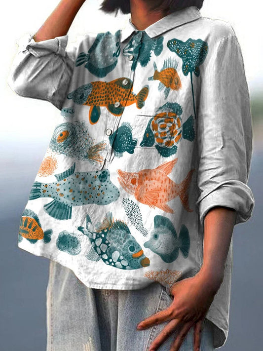 Watercolor Sea Life Decorative Pattern Casual Cotton And Linen Shirt