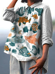 Watercolor Sea Life Decorative Pattern Casual Cotton And Linen Shirt