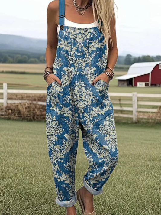 Women's Vintage Floral Pattern Art Print Casual Cotton Linen Wide Leg Jumpsuit