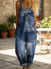 Women's Art Patchwork Print Casual Denim Jumpsuit