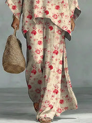 Women's Vintage Floral Art Comfortable Loose Cotton Linen Wide-leg Pants Two-piece Set