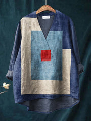 Women's Denim Blue Geometry Print Casual Cotton And Linen V-neck Shirt