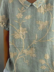 Women's Retro Floral Art Print Casual Cotton And Linen Shirt