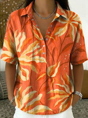 Women's Vintage Botanical Floral Casual Polo Collar Short-sleeved Linen And Cotton Shirt