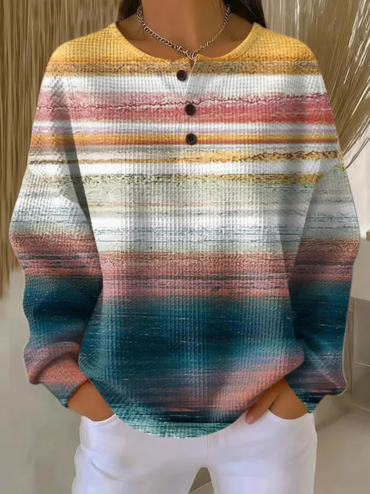 Women's Gradient Pattern Art Print Casual Waffle Sweatshirt