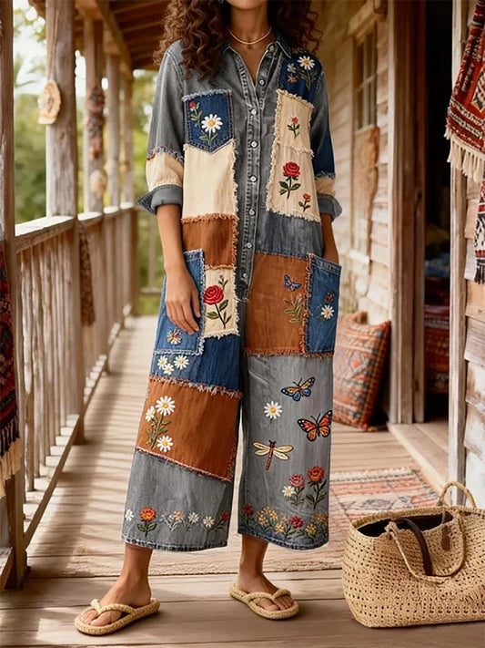 Women's Vintage Bohemian Art Print Casual Washed Cotton Denim Jumpsuit