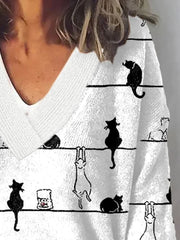 Women's Cat Print Casual Long Sleeve Sweater