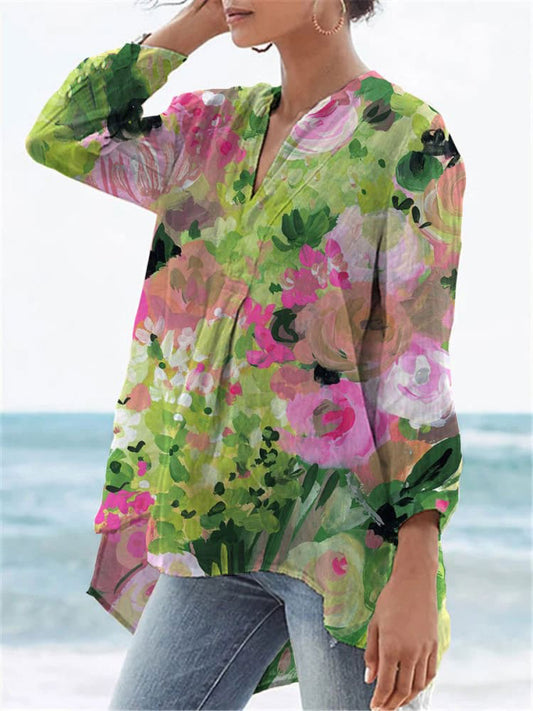Women's  Flower Print Casual Linen V-neck Shirt