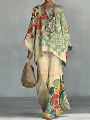 Women's Vintage Ethnic Floral Art Comfortable Loose Cotton Linen Wide-leg Pants Two-piece Set