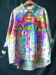 Rainbow Frog Watercolor Art Pattern Print Casual Cotton And Linen Shirt