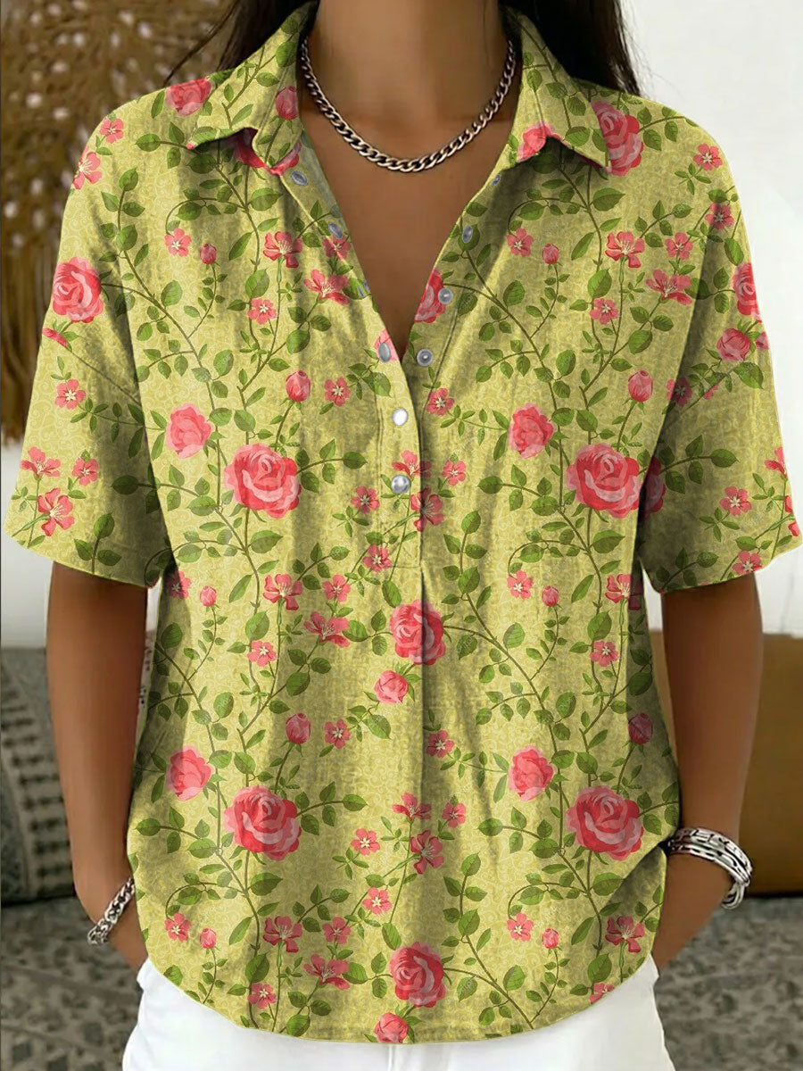 Women's Vintage Botanical Floral Casual Polo Collar Short-sleeved Linen And Cotton Shirt