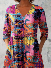 Women's Art Geometric Floral Print V-Neck   Top