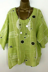 Geometric Print Crew Neck Half Sleeves Blouse