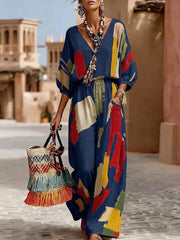 Women's Cotton-linen Two-piece Set: Abstract Geometric Print V-neck 3/4-sleeve Loose-fit Top & High-waisted Wide-leg Pants