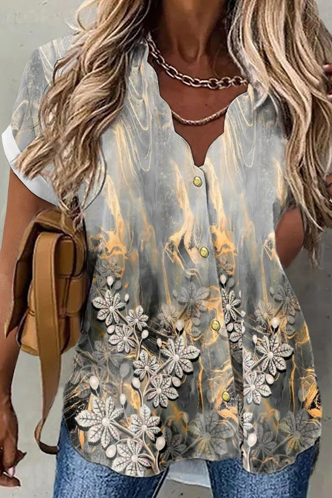 Leaf Print V-neck Buttons Short Sleeves Blouse
